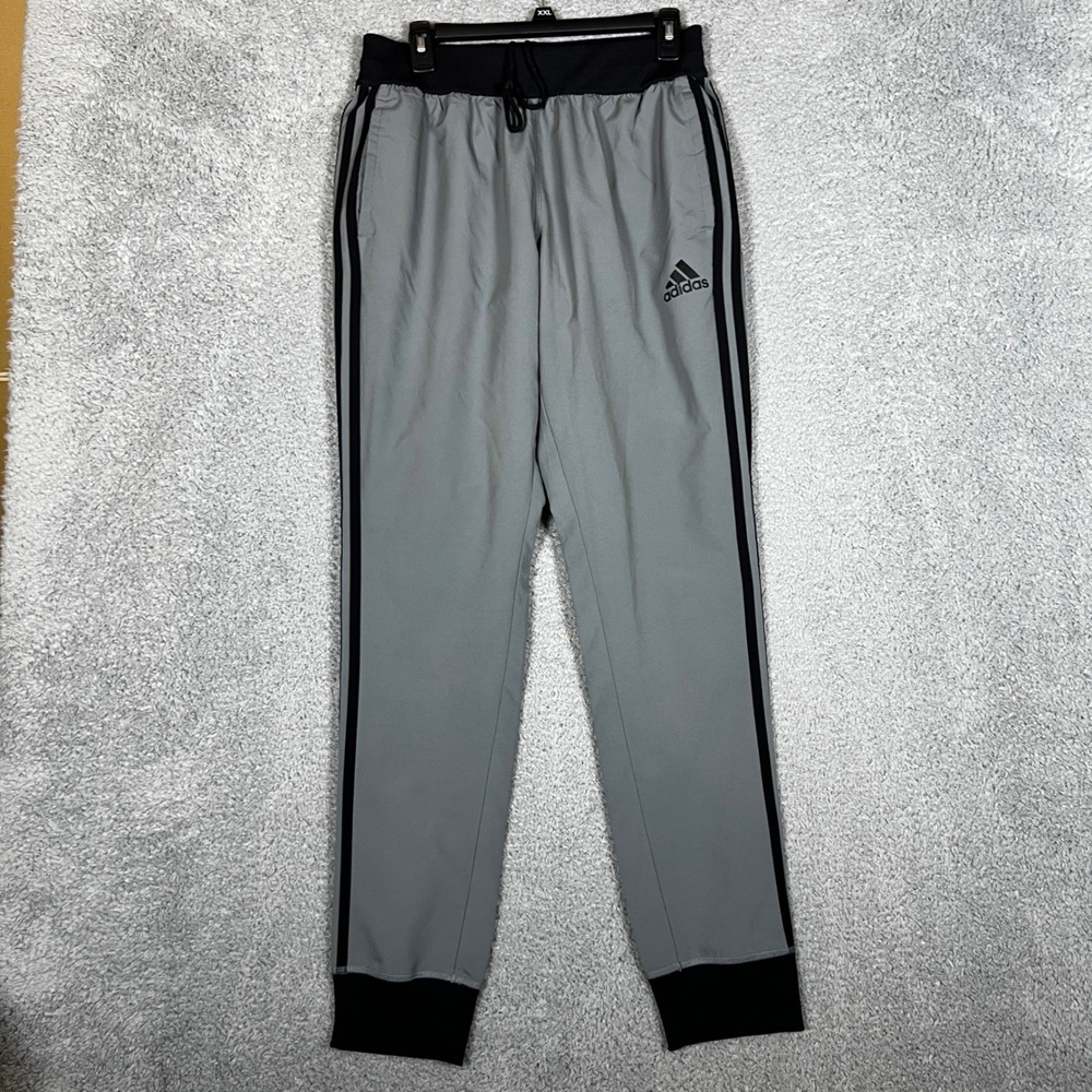 Adidas Jogger Pants Mens M Grey Black‎ Stripes Athletic Track Drawstring Run Gym